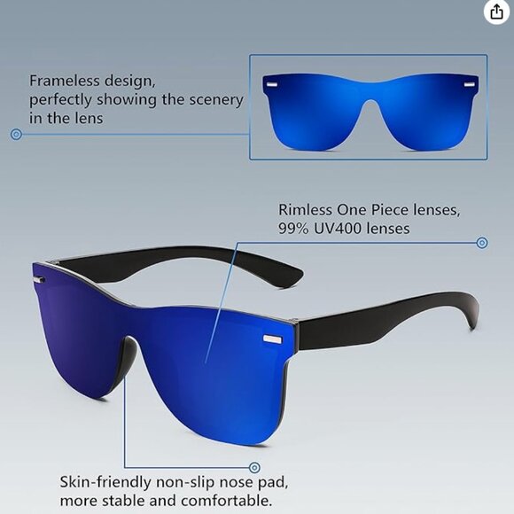 Rimless Mirrored One Piece Lens Sunglasses Reflective Sunglasses Blue Lenses - Picture 3 of 7